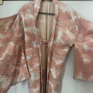 Vintage Hand Made Inked Silk Kimono Robe Pink White Top Jacket Duster